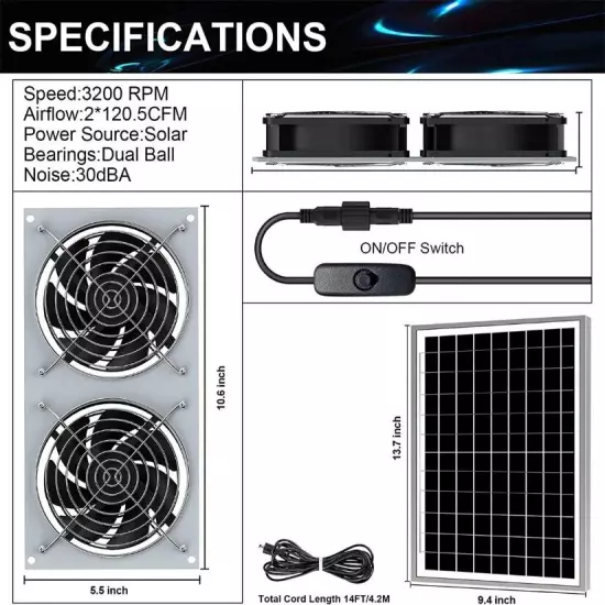 600W Solar Fan Kit Portable Exhaust Fan 18V Solar Panel Outdoor Ventilation Fans