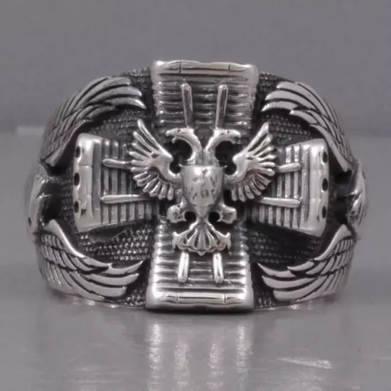 GERMAN 2 HEADED IMPERIAL EAGLE IRON CROSS 925 STERLING SOLID SILVER MENS RING