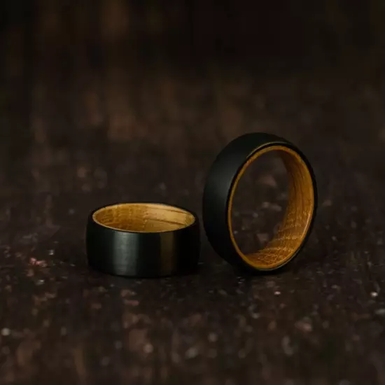 Whiskey Barrel Ring Tungsten Black Plain Wood Inside Wedding Band Ring for Men