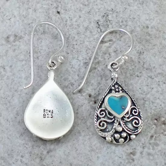 PRETTY .925 STERLING SILVER TURQUOISE FILIGREE DROP EARRINGS style# e1155