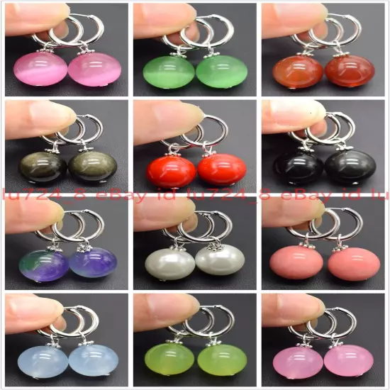 8/10/12mm Natural Multicolor Gemstone Round Beads Silver Leverback Earrings