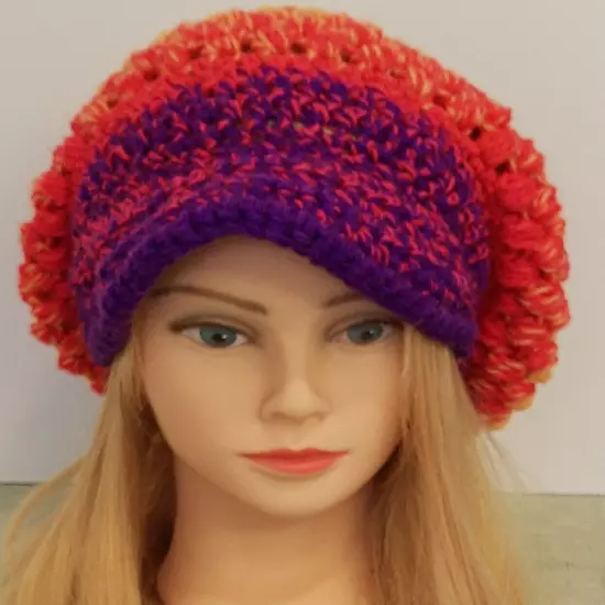 Slouchy Hippie Cap w/Brim Rainbow Hand Crocheted Puff Stitch Adult/Teen Boho