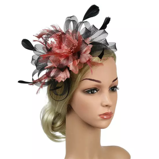 Women Fascinator Feather Hat Flower Hair Clip Church Wedding Party Headwear Clip