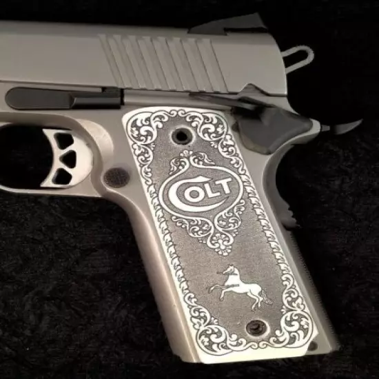 Colt 1911 custom ivory scrimshaw grips Scroll Rampant Horse Logo