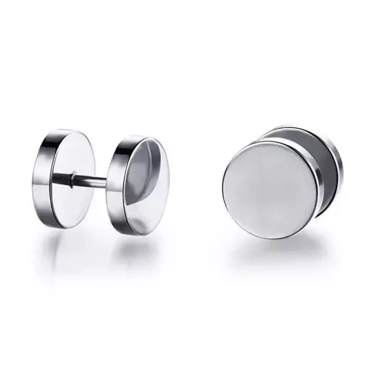 Pair Black Flat Round Barbell Plug Stud Earrings GYM MENS Stainless Steel 3-14MM