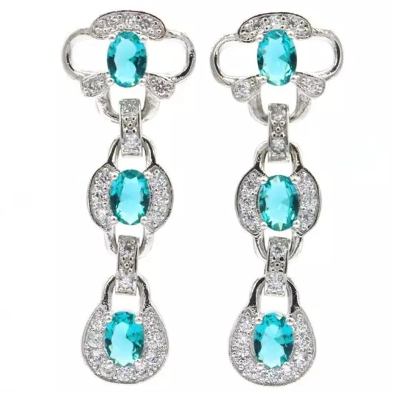 Beautiful Rich Blue Aquamarine CZ Wholesale Drop Shipping Silver Earrings