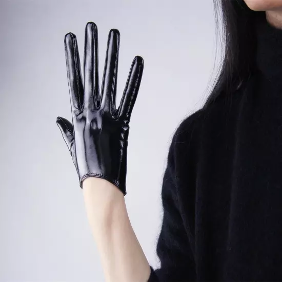 LATEX GLOVES Shine Leather Faux Patent Vegan PU 8" 21cm Short Basic Shine Black