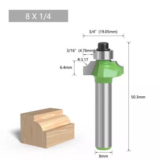 8mm Shank Round Over Edge Profile Router Bit, 2.25-12.7mm Radius 1PC/10PCS GREEN