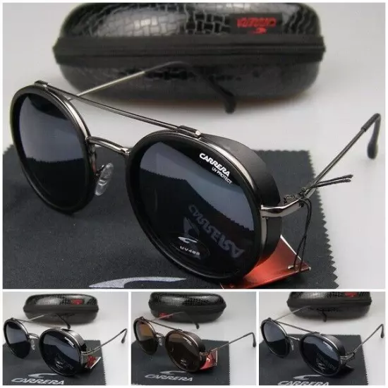 Men Women Retro Sunglasses Matte Black Metal Round Frame Carrera Glasses+Box C39