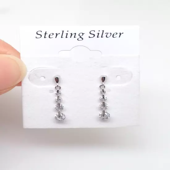 Dainty Graduated Cz Dangle Earrings 925 Sterling Silver Tiny 19mm x1.5/3.2mm