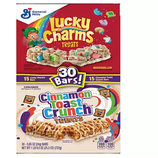 30 pk: Cinnamon Toast Crunch and Lucky Charms Treat Bars, Variety Pack 0.85 oz