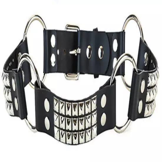 Black Leather Belt w 3 Row Silver Pyramid Studs & O-Rings Punk Goth Metal Grunge