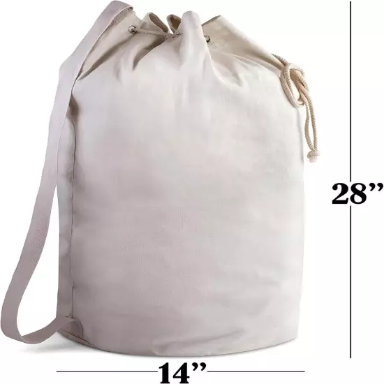 Handy Laundry Canvas Duffel Bag - Drawstring, Leather Closure, Shoulder Strap.