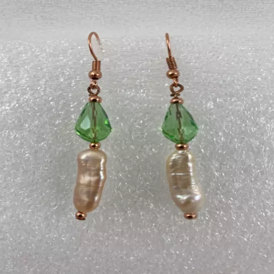 Handmade ~ Copper ~ AB Light Green Crystal and Pearl ~ 2 1/4" Drop Earrings