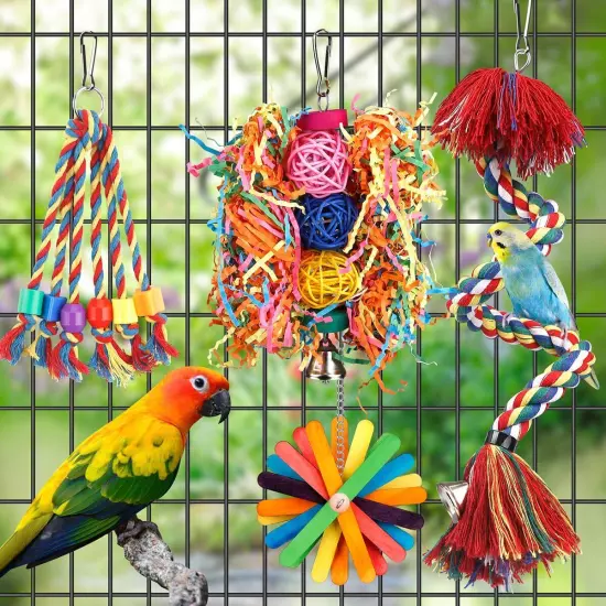 Bird Toys Bird Rope Perch with Bell Colorful Bird Chewing Shredding Foraging 