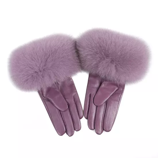 Women Genuine Lambskin Leather Gloves With Real Fox Fur Trim Cuff Winter Warm