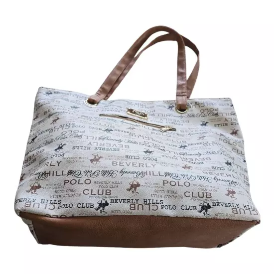 Beverly Hills Polo Club Womens Tote Bag Sz L Beige Monogram Dual Handle Luxury 