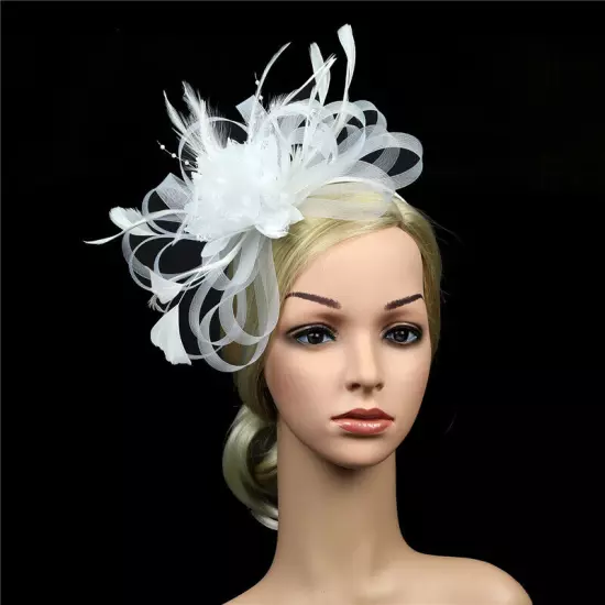 Women Fascinator Feather Hat Flower Hair Clip Church Wedding Party Headwear Clip