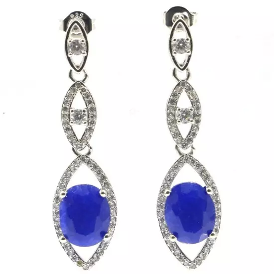 Beautiful Blue Sapphire White CZ For Women Daily Wear Silver Earrings 