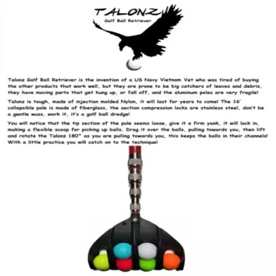 "Talonz" Golf Ball Retriever, 16', Telescoping Fiberglass Pole, 6 Ball Capacity