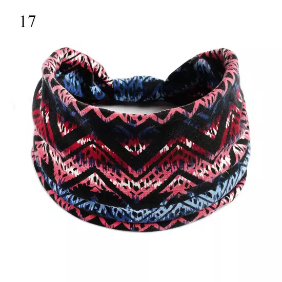 Women Boho Flower Print Wide Headband Vintage Knot Elastic Turban Headwrap *