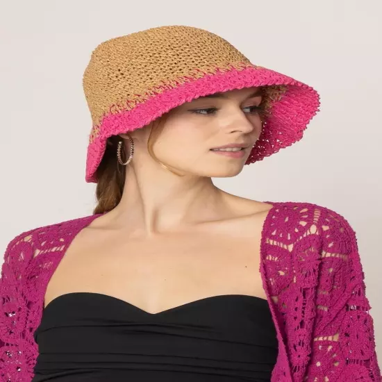 DIONA J TWO TONE STRAW BUCKET HAT ONE SIZE COLOR FUCHSIA