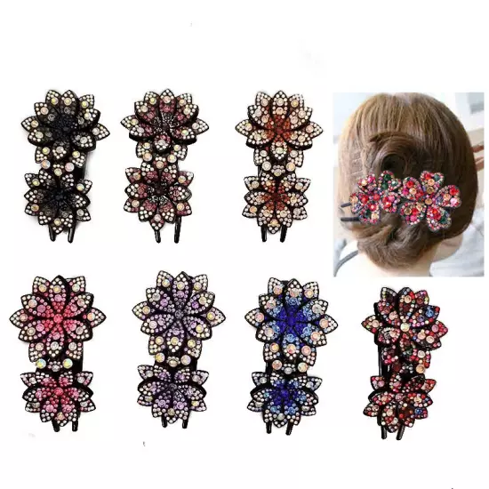 Ladies Rhinestone Double Flower Hair Clip Barrettes Crystal Comb Large Catch 1x-