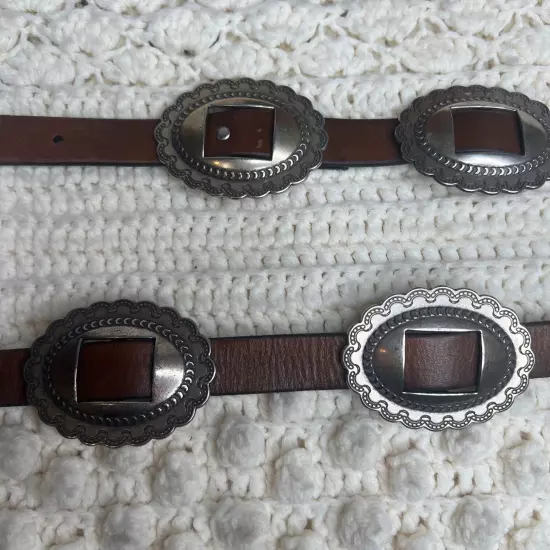 RALPH LAUREN Women's Large Western Concho Silver Medallion Brown Leather Belt