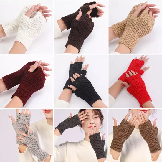 Womens Fingerless Gloves Wool Knitted Mittens Wrist Half Finger Short Gloves