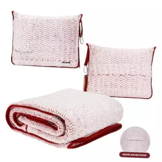 Travel Blanket and Pillow Set，Airplane Blanket Compact 2-in 65''X50'' White-red