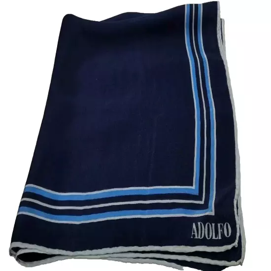 ADOLFO SCARF FINE SILK NAVY Baby BLUE STRIPED VINTAGE 80s MENS Silk HANDKERCHIEF