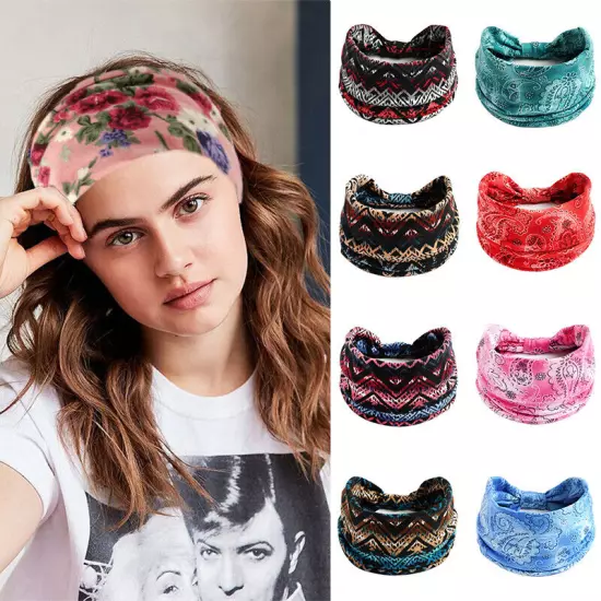 Women Boho Flower Print Wide Headband Vintage Knot Elastic Turban Headwrap *