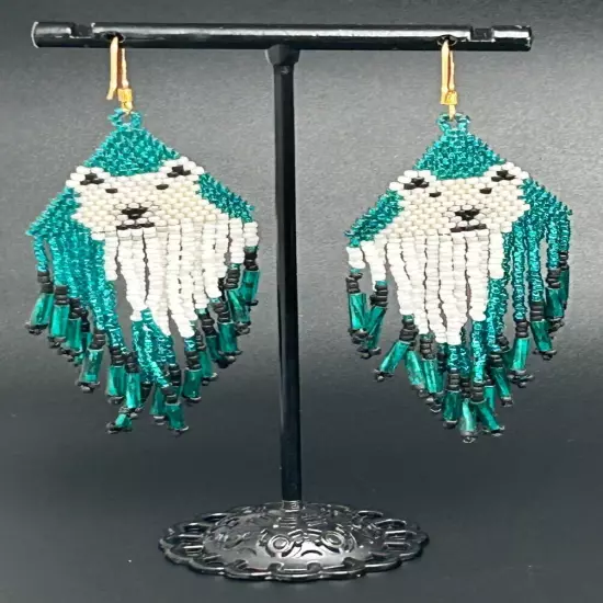 Hand Beaded Polar Bears Green Seed Bead Tasseled Dangle Earrings