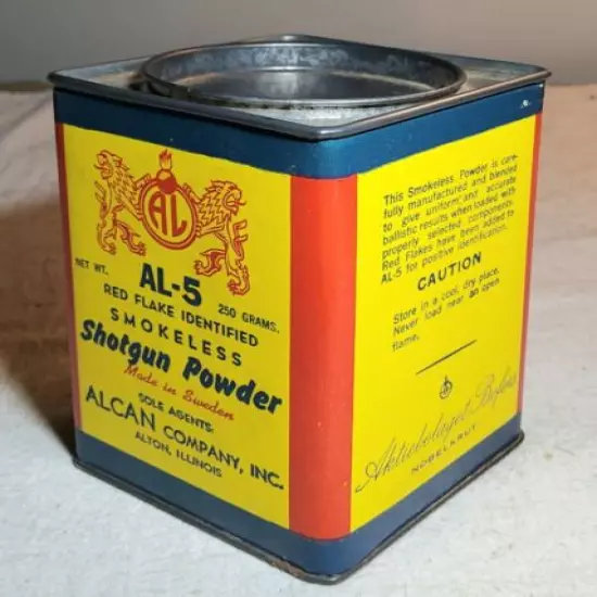 VINTAGE ALCAN COMPANY AL-5 RED FLAKE SMOKELESS SHOTGUN POWDER SQUARE CONTAINER 