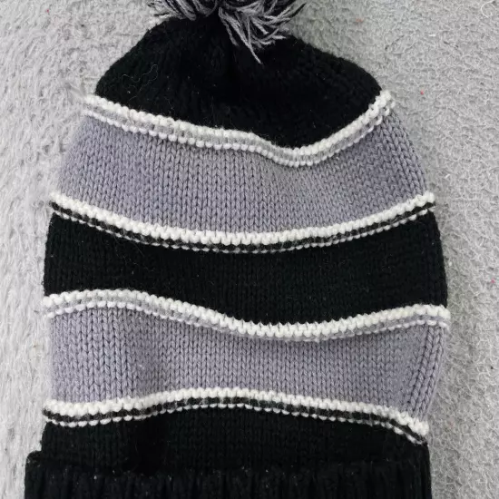 Beanie Toque Adult One Size Gray Black Knit Striped 100% Acrylic Snow Ski Pom