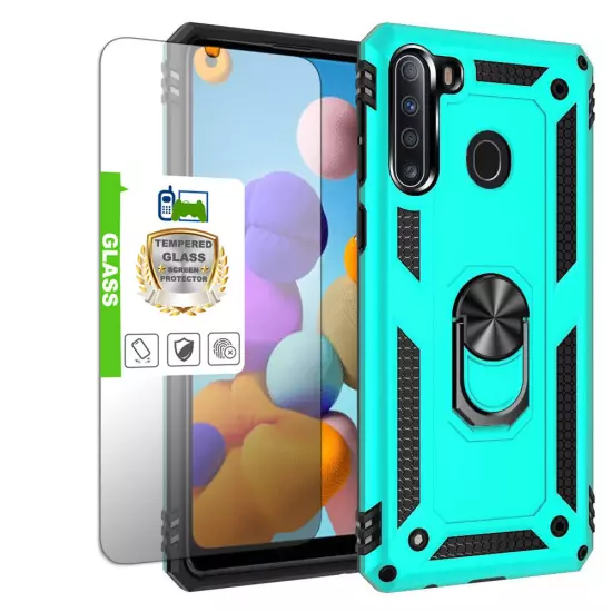 For Samsung Galaxy A21s Case Shockproof Ring Stand Phone Cover w/ Tempered Glass