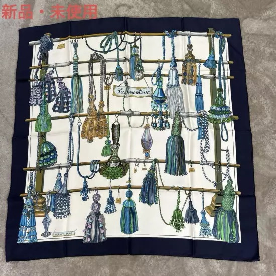 HERMÈS Scarf Carres 90 Blue White Silk Tassel Pattern Women France