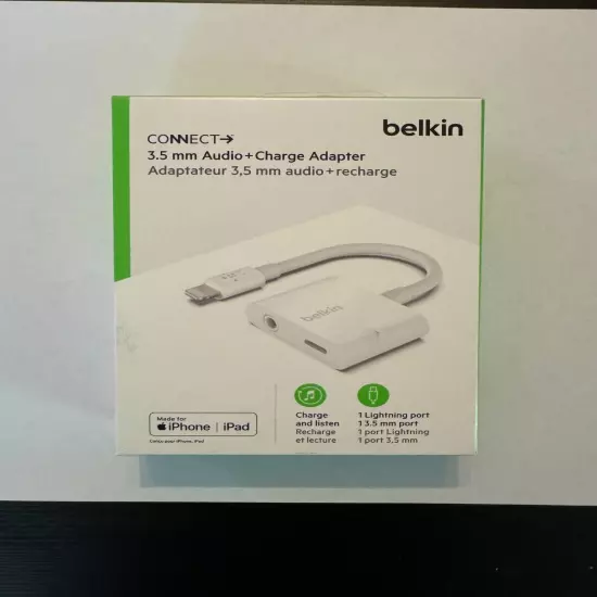 Belkin 3.5 mm Audio + Charge iPhone iPad Aux Adapter - New