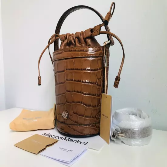 MICHAEL KORS COLLECTION Audrey Medium Croc Embossed Leather Bucket Bag CHESTNUT