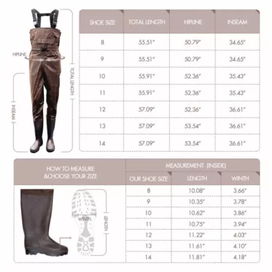 US Size 13 Fishing Chest Waders w/Anti-Slip Boots Waterproof and Lightweight 