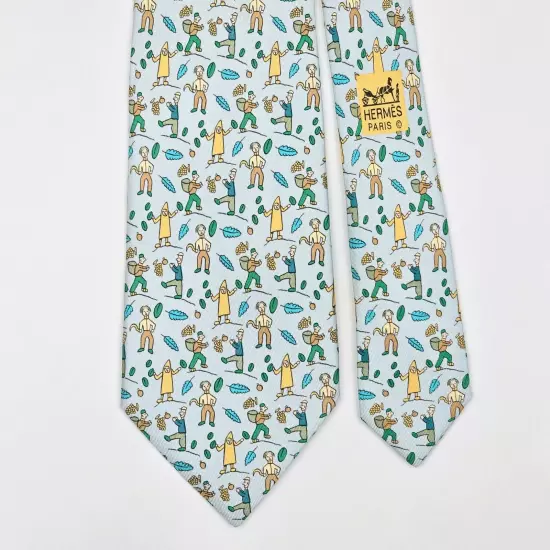 HERMES TIE 7688 OA Fruit Farmer on Light Blue Silk Necktie