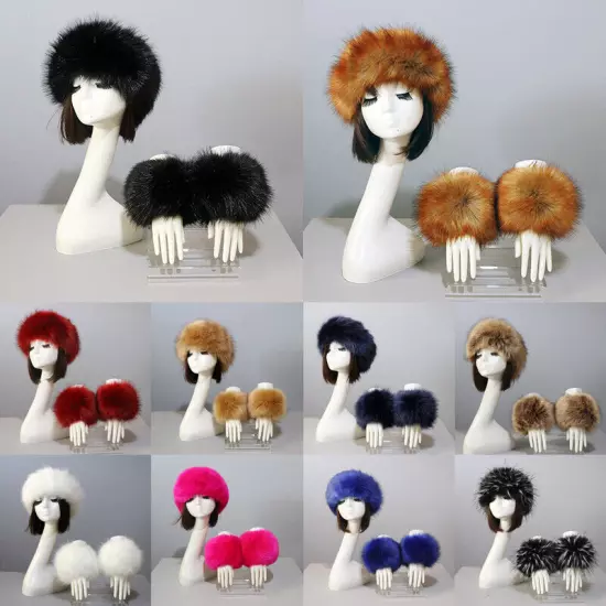 Women Wam Faux Fur Hat Cuff Set Winter Warmer Hat Arm Wrist Sleeve Gloves