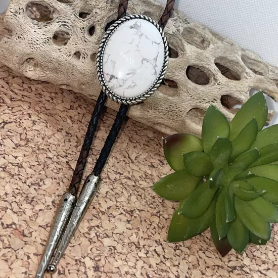 White Buffalo Turquosie Silver Western Leather Bolo Tie Lariat Necklace Wedding