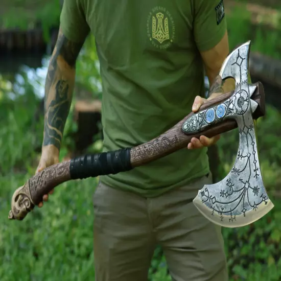 Leviathan axe with Kratos ax Luminescent runes GOW hand forge Ashwood 9lb 36"