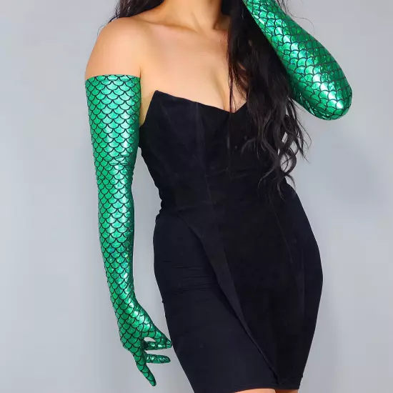 MERMAID GLOVES 28" 70cm Extra Long Shine Green Holographic Fish Scale FITTED