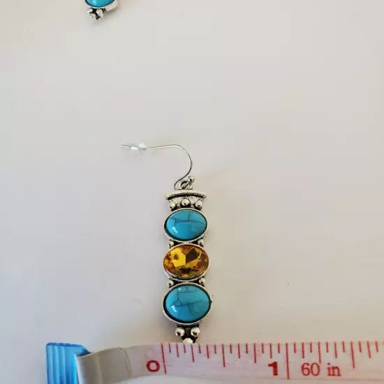 Tribal Boho Dangle Earrings Silver Tone Blue Orange Fashion Jewelry Art Deco