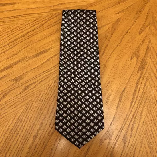 Pronto Uomo Silk Tie, Brown White & Black Striped Geometric Design 