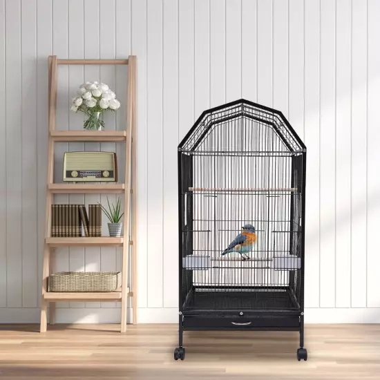 Black Iron Parakeet Bird Cage with Stand, Metal Panorama Pet Bird Flight Cages