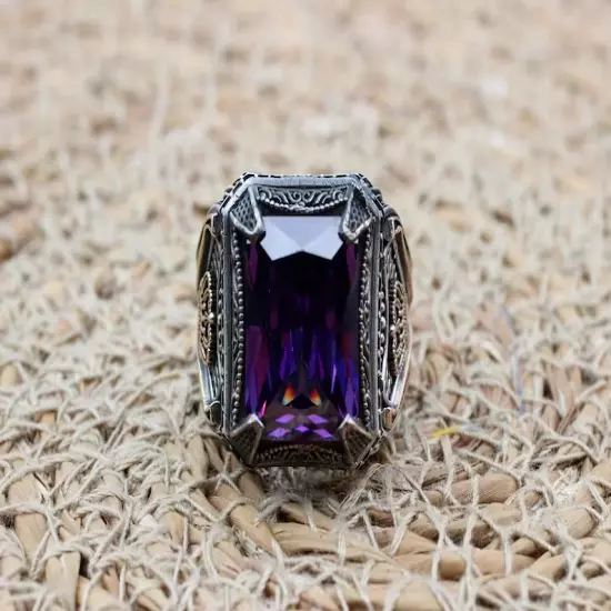 Natural Amethyst Purple Color Rectangle Ct 925 Sterling Silver Gemstone Ring-89