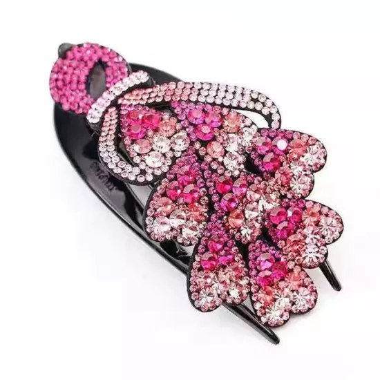 Ladies Rhinestone Double Flower Hair Clip Barrettes Crystal Comb Large Catch 1x-